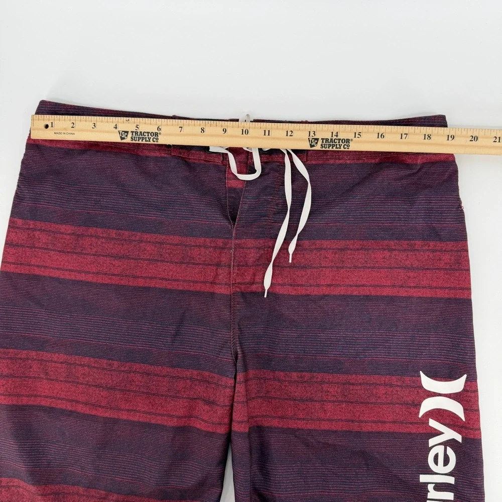 Hurley Mens Board Shorts Size 36 Maroon Blue Striped Swim Trunks MBS0008080